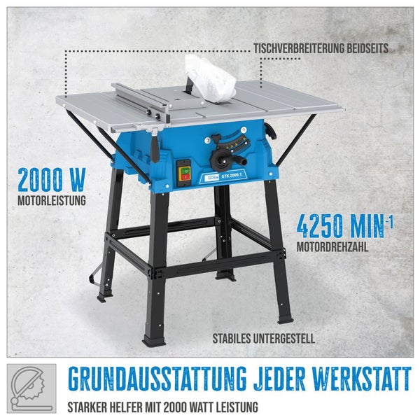 Güde Tischkreissäge mit 2000 Watt Motorleistung, 4250 Umdrehungen pro Minute, beidseitiger Tischverbreiterung und stabilem Untergestell.