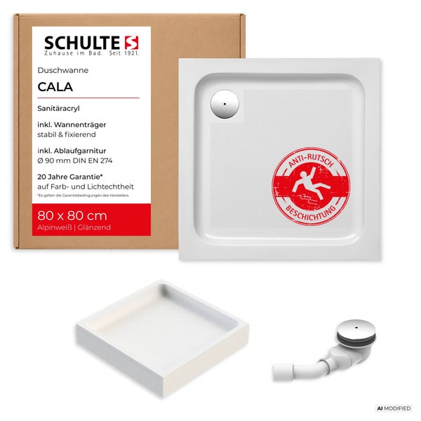 Schulte Duschwanne Cala aus Sanitäracryl 80 mal 80 Zentimeter mit Wannenträger und Ablaufgarnitur, inklusive Antirutschbeschichtung.