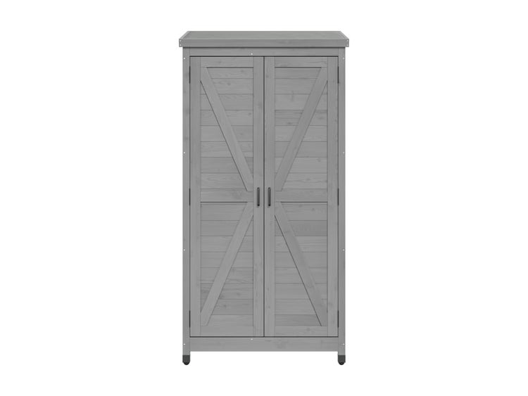 Grauer Gartenschrank aus Holz mit zwei Türen und X-Verstrebungen.
