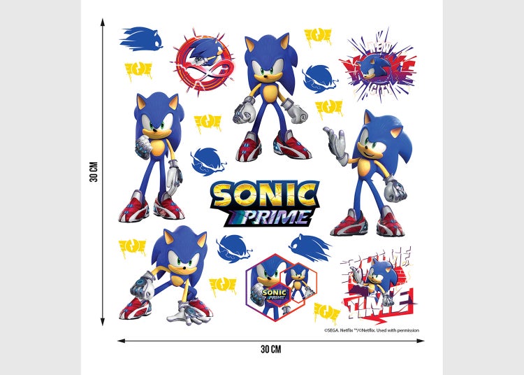 Wandsticker-Set mit Sonic Prime Motiven und Sonic Prime Logo, 30 Zentimeter mal 30 Zentimeter.