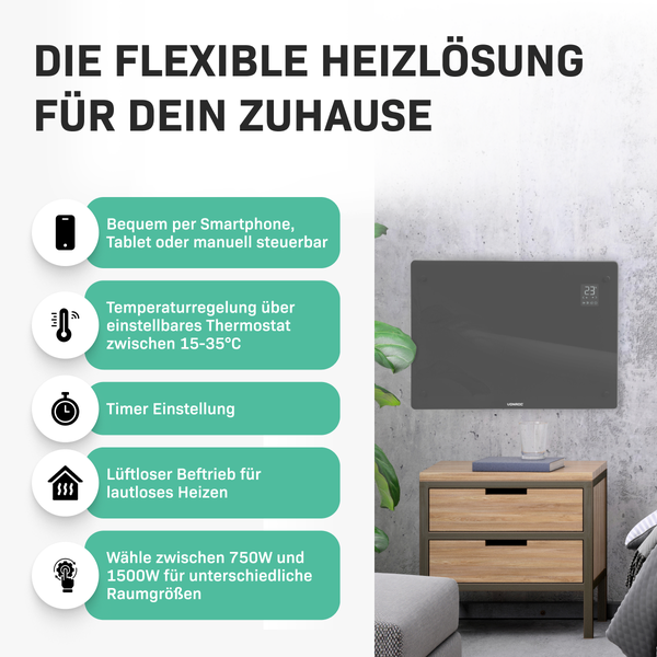 Flexible Heizlösung für Zuhause mit Thermostat, Timer und Smartphone Steuerung