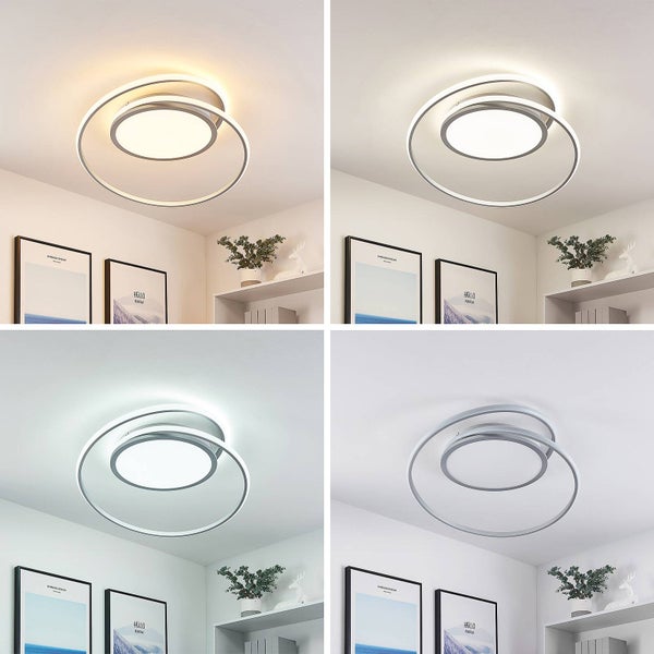 Moderne LED-Deckenleuchte mit drei Ringen, dargestellt in verschiedenen Farbtemperaturen von warmweiß bis kaltweiß sowie ausgeschaltet.