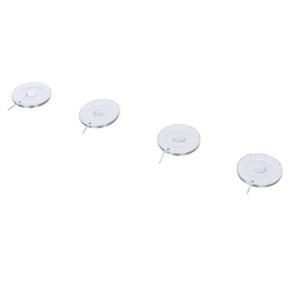 Set aus vier runden, flachen LED-Möbeleinbauleuchten aus Metall mit Anschlusskabeln.
