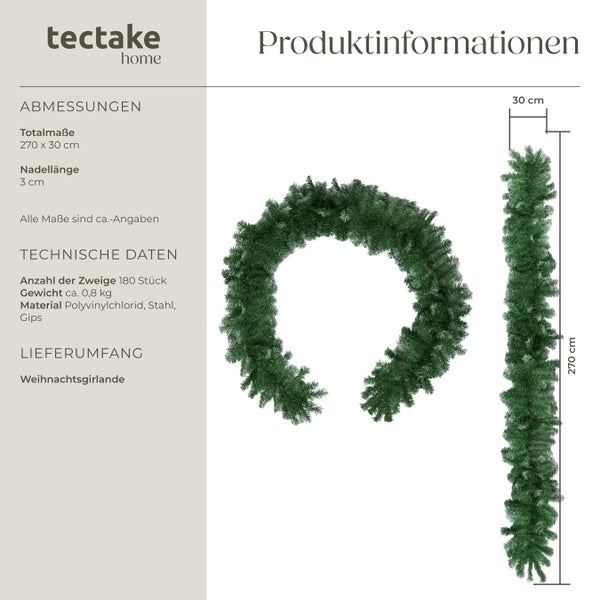 Produktinformationen zu einer Weihnachtsgirlande von Tectake Home mit den Maßen 270 mal 30 Zentimeter.