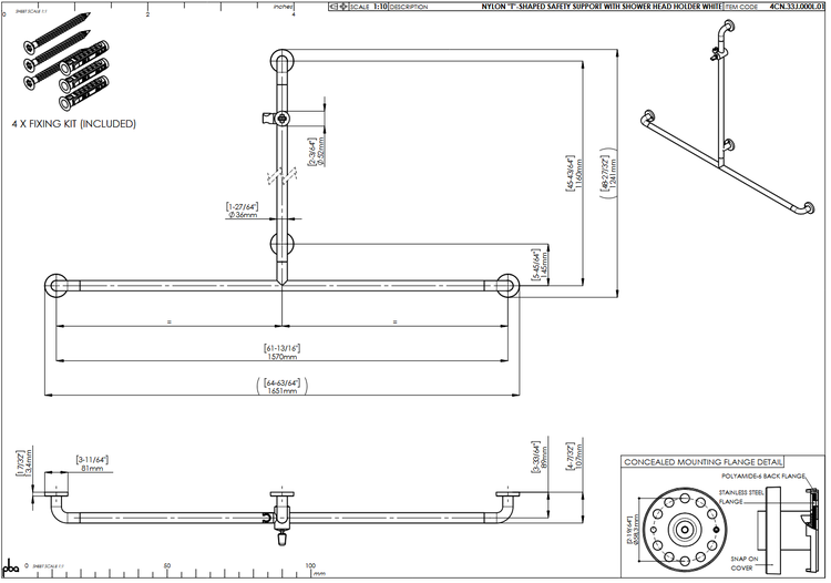 Technische Zeichnung eines T-förmigen Sicherheitsstützgriffs aus Nylon mit Brausehalter in Weiß, inklusive Maßen, dreidimensionaler Ansicht und Befestigungsset.