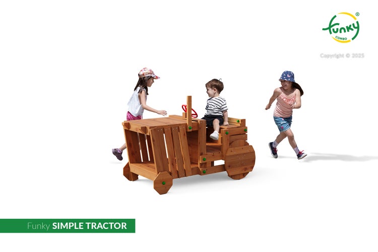 Spielgerät aus Holz in Form eines Traktors für den Garten, Kinder beim Spielen, Modell Funky SIMPLE TRACTOR.