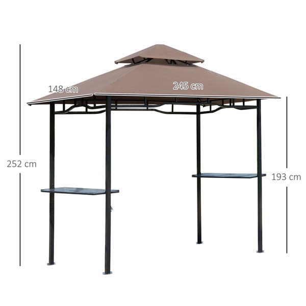 Outsunny Grillpavillon Gartenzelt Grill Pavillon Balkonpavillon mit Ablagen Flammhemmendes Doppeldach Kaffeebraun 245 x 148 x 252 cm