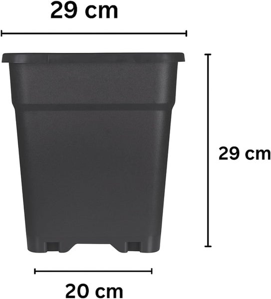 Quadratischer Pflanztopf in Schwarz, Breite oben 29 Zentimeter, Höhe 29 Zentimeter, Breite unten 20 Zentimeter.