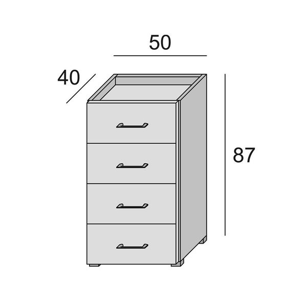 Technische Zeichnung eines Schubladenschranks mit den Maßen 40 x 50 x 87 cm