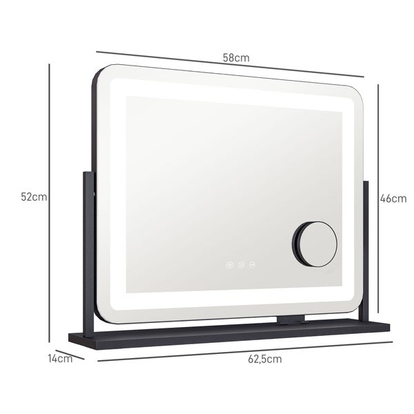 HOMCOM Schminkspiegel mit Beleuchtung, LED Kosmetikspiegel mit 3 Lichtfarben, Tischspiegel mit 10X Vergrößerung, Handy-Halter, USB-Ladeanschluss, 360° Drehbar, Schwarz