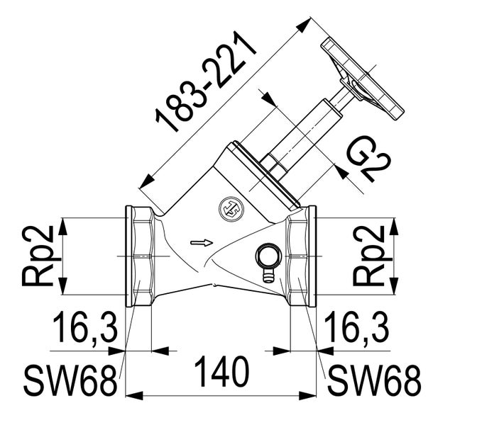 Technische Zeichnung eines Schrägsitzventils mit detaillierten Maßangaben für die Installation.