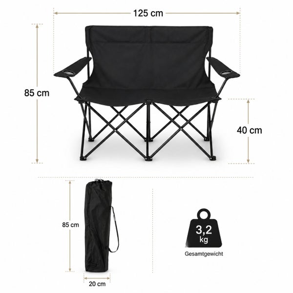 Faltbarer Campingdoppelstuhl mit Armlehnen und Getränkehaltern, Maße 125 mal 85 mal 40 Zentimeter, Gewicht 3,2 Kilogramm inklusive Tragetasche.