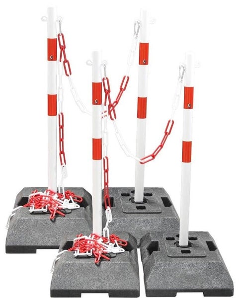 Kettenständer Set schwere Stahl Kettenpfosten als 1m x Ø42mm inkl. Kette, 18 kg Fuß / Kette rot/weiß / Set A = 4 Pfosten