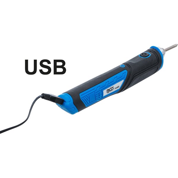 USB-Lötkolben von BGS technic mit Ladekabel und Einschaltknopf.