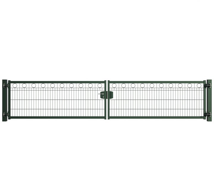 Doppeltor aus Metall mit Gitterfüllung und Kreismuster