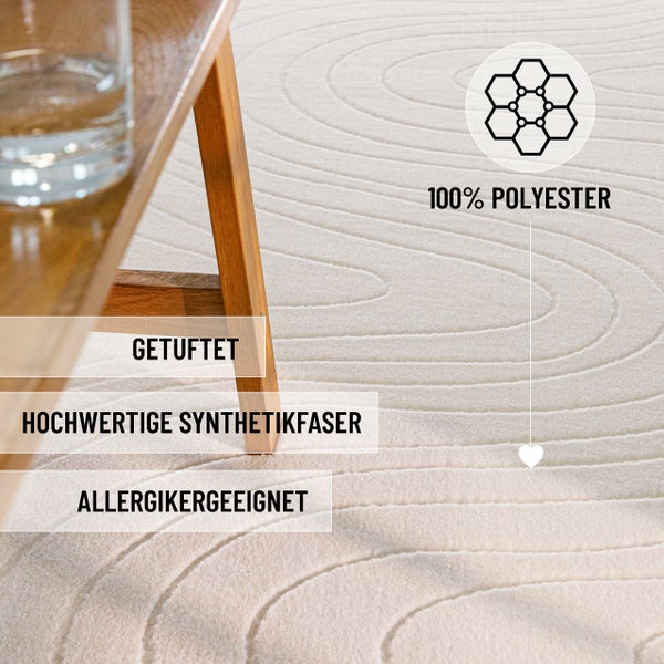 Getufteter Teppich aus 100 Prozent Polyester, hochwertige Synthetikfaser, für Allergiker geeignet, mit Wellenmuster.