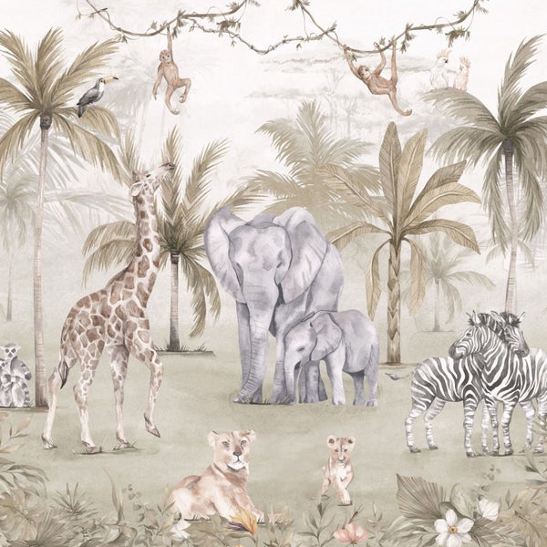 Tapete mit Dschungelmotiv, inklusive Elefanten, Giraffen, Affen und Zebras vor Palmen