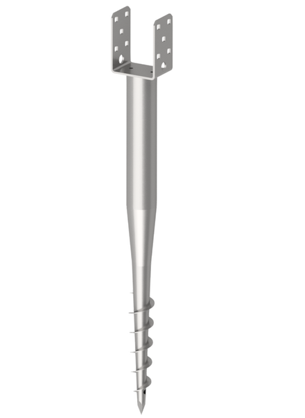 Einschraub-Bodenhülse aus verzinktem Stahl mit U-Pfostenträger.