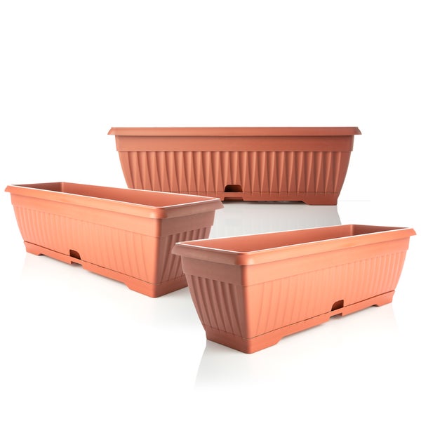 BigDean 3x Blumenkasten mit abnehmbarem Untersetzer - Terracotta 50 cm lang aus bruchsicherem Kunststoff - Balkonkasten Pflanzkasten mit Wasserspeicher für Innen- & Außenbereich geeignet - Made in Europe