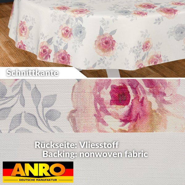 Tischdecke mit Blumenmuster aus Rosen, Detail der Schnittkante und Rückseite aus Vliesstoff, ANRO Logo.