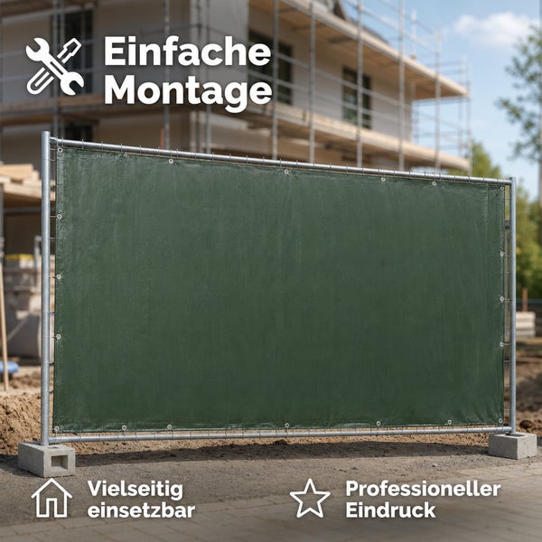 Bauzaun mit blickdichter Sichtschutzplane auf Betonfüßen für einfache Montage und professionellen Einsatz.