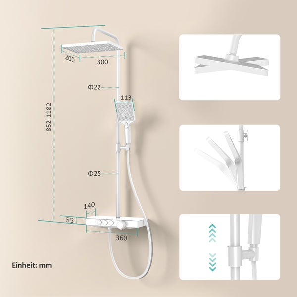EMKE Duschsystem mit Thermostat Glasablage, Handbrause, 3 Strahlart(en), 45cm Thermostatische Platte,Regendusche mit Armatur