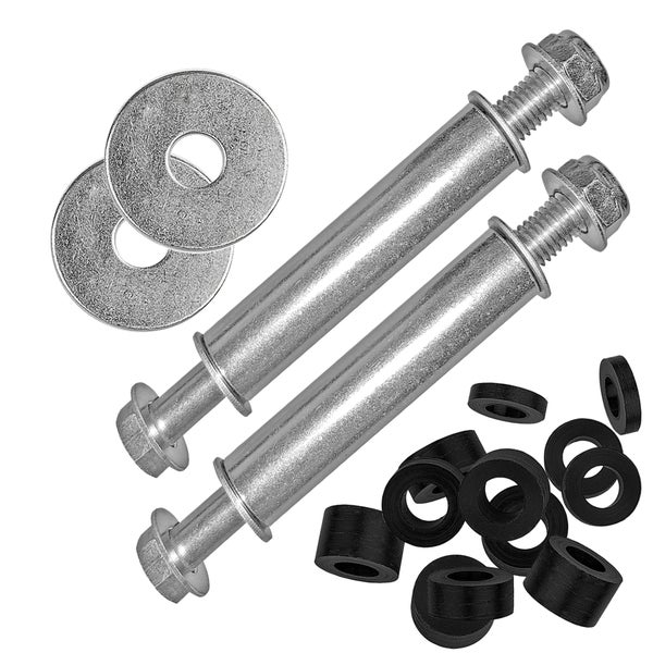 Zwei Bolzen mit Muttern, Metallscheiben und Gummiringen