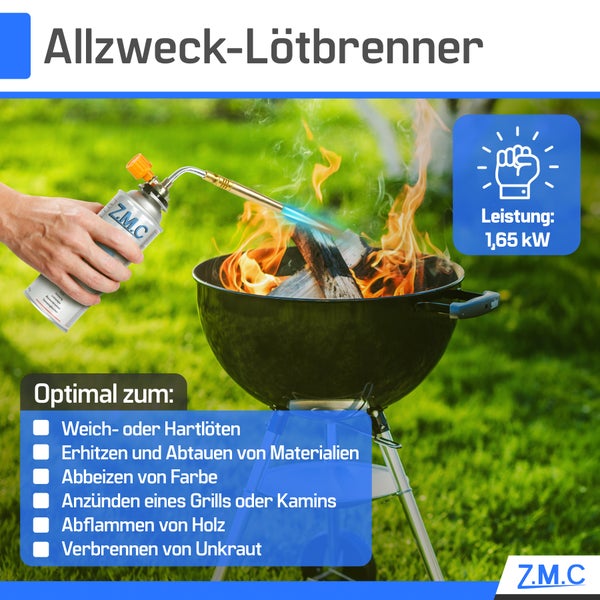 ZMC ALLZWECKBRENNER Gasbrenner 1,65 kW + 8x Gaskartuschen 227g, Lötbrenner bis zu 1371 °C, Schweißbrenner Bunsenbrenner mit einstellbarer Flamme, Abflammgerät Lötlampe ideal für Werkstatt