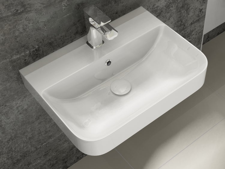 Aqua Bagno Sotta Waschbecken 10.10.30.03 – 57 x 43,5 cm – Weiß Hochglanz – Keramikbecken mit Hahnloch & Überlauf