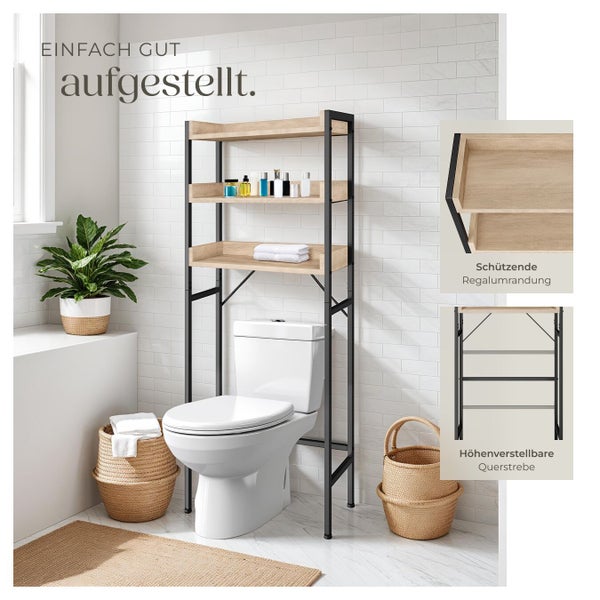 Wandregal über WC in Holzoptik mit schwarzem Metallrahmen, präsentiert in einem Badezimmer mit zusätzlichen Details zur Regalumrandung und Strebe.