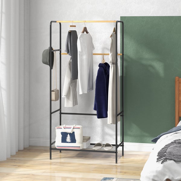 HOMCOM Kleiderständer Garderobenständer mit 2 Kleiderstangen und Ablage, Haken, Garderobe aus Stahl und Bambus für Schlafzimmer, Ausstellungen, Waschküche, Waschküche, Schwarz