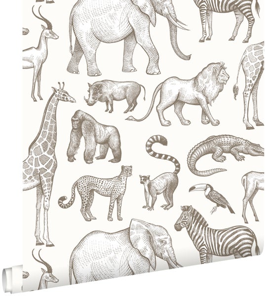 Tapete mit Tiermotiven: Elefant, Zebra, Löwe, Giraffe und Krokodil