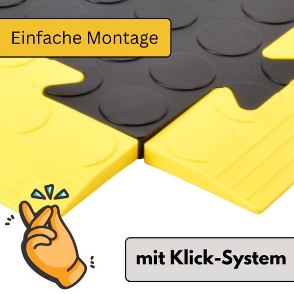 Bodenfliese mit Noppen und Auffahrrampe, einfache Montage durch Klick-System.