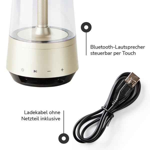 Tischlampe kabellos mit Bluetooth-Lautsprecher 'Die Klangvolle', USB aufladbar und dimmbare Akku Tischleuchte, LED Nachttischlampe, batteriebetrieben mit Ladefunktion