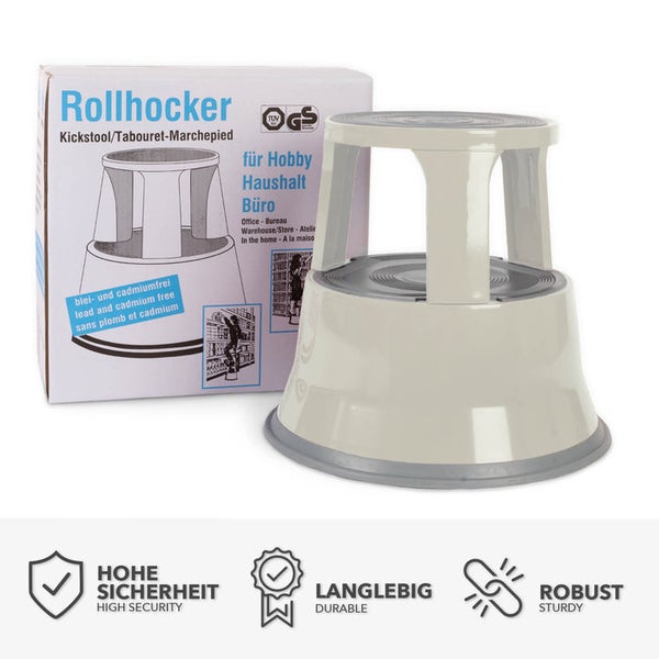 FLOORDIREKT Rollhocker - Elefantenfuß - aus Stahl - Mobiler Tritthocker - Sitzmöglichkeit für Büro und Gewerbe - Lichtgrau