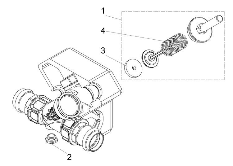 Ersatzteilzeichnung einer Armatur mit nummerierten Komponenten wie Feder und Dichtung.