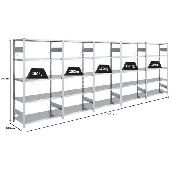 PROREGAL Schwerlastregal Silver Mamba Made In Germany  HxBxT 200 x 500 x 50 cm 5 Ebenen Je 150 kg Fachlast  Verzinkt