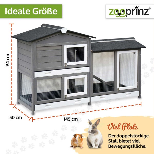 Zooprinz Logo. Doppelstöckiger Kleintierstall aus Holz in Grau und Weiß, Maße 145 mal 94 mal 50 Zentimeter, mit Drahtgittertüren.