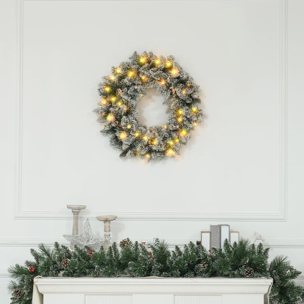 HOMCOM Tannenkranz Weihnachtskranz Türkranz Künstlicher Tannenkranz mit LED-Lichterkette, für Tür- und Hausdekoration, Weihnachten, Grün, Ø60 x 10 cm