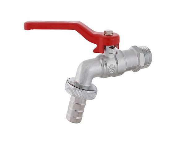 Kugelauslaufhahn aus Metall mit rotem Hebelgriff und Schlauchverschraubung