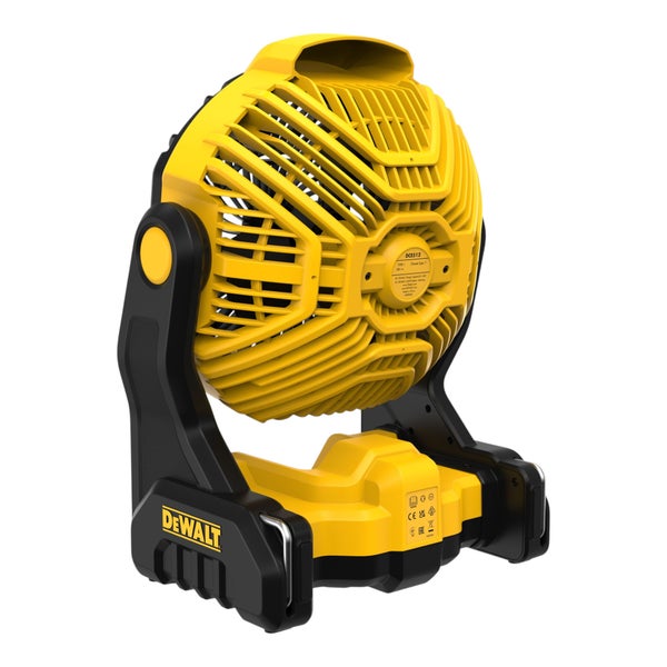 Gelb-schwarzer DeWalt Akku-Ventilator aus robustem Kunststoff mit verstellbarem Neigungswinkel für den flexiblen Baustelleneinsatz.