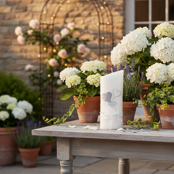 Weiße Stumpenkerze mit Herzmotiv und Schleife auf einem Holztisch im Garten, umgeben von weißen Hortensien und Lavendel in Terrakottatöpfen.