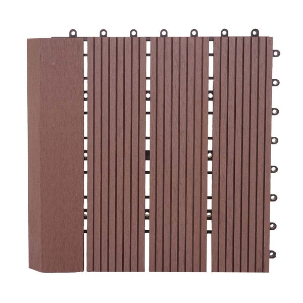 Quadratische Klickfliese aus Holz-Kunststoff-Verbundwerkstoff in Braun mit geriffelter Oberfläche und Klick-Verbindungssystem.