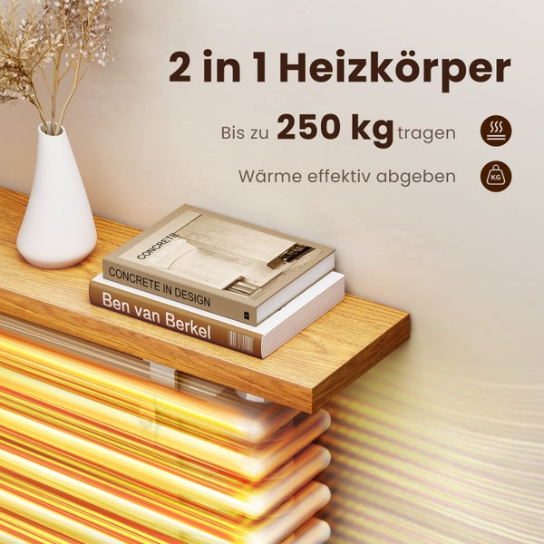EMKE Designheizkörper mit Holzablage, Heizkörper mit Warmwasserbetrieb, horizontal, 674 Watt, 100 cm x 48 cm, Weiß