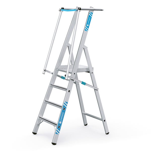 Zarges Logo Podestleiter mit vier Stufen und Geländer