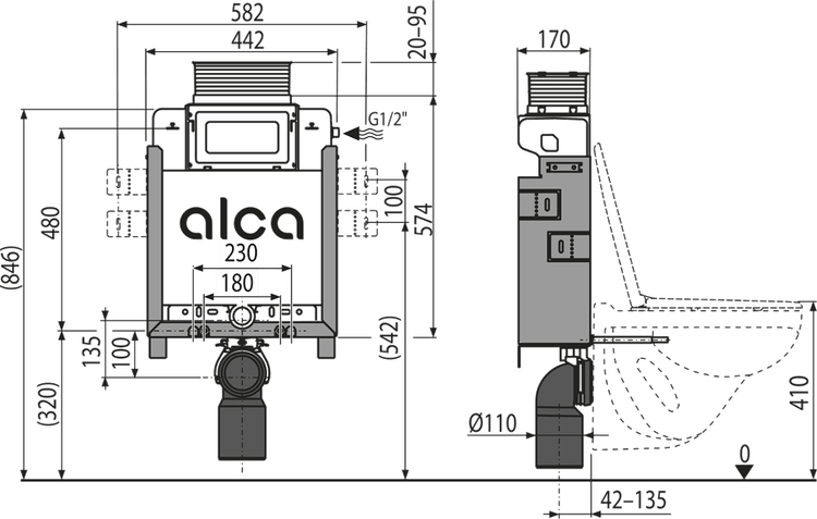 Technische Zeichnung eines Alca Vorwandelements für Toiletten mit Maßangaben in Millimetern für die Montage.