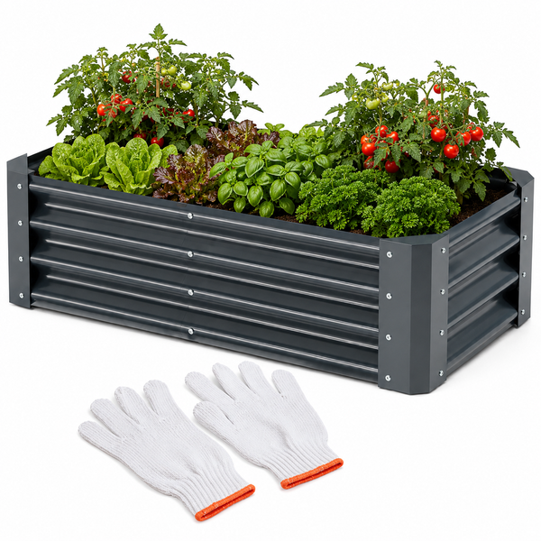 Rechteckiges Hochbeet aus Wellblech bepflanzt mit Tomaten, Salat und Kräutern, inklusive Gartenhandschuhen.