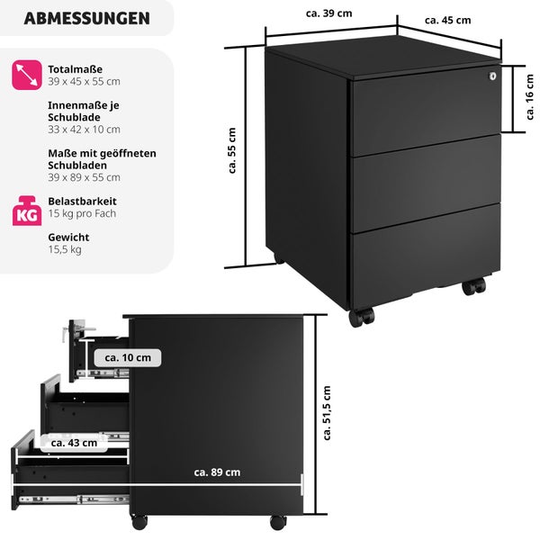 Aktenrollschrank tectake Magna 39 x 45 x 55 cm aus pulverbeschichtetem Stahl schwarz