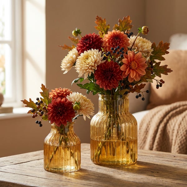 Zwei geriffelte Glasvasen in herbstlichem Dekor mit Dahlien und Beeren auf einem Holztisch in einem Wohnraum.
