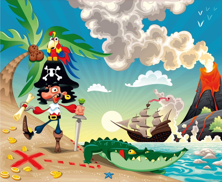 Illustration einer Piratenszene mit Schatzkarte, Krokodil und Vulkan
